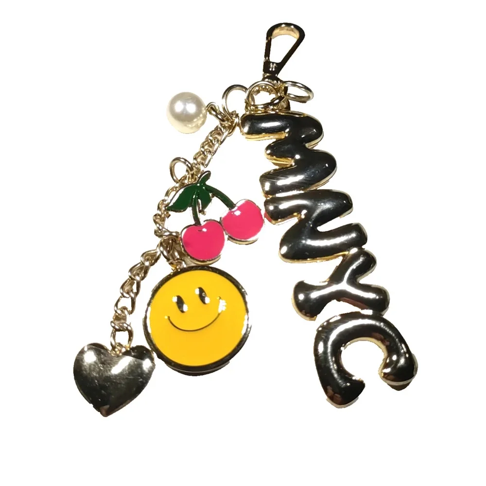 Madden New York Keychain Happy Face Cherry Faux Pearl Heart Gold Tone Purse Clip